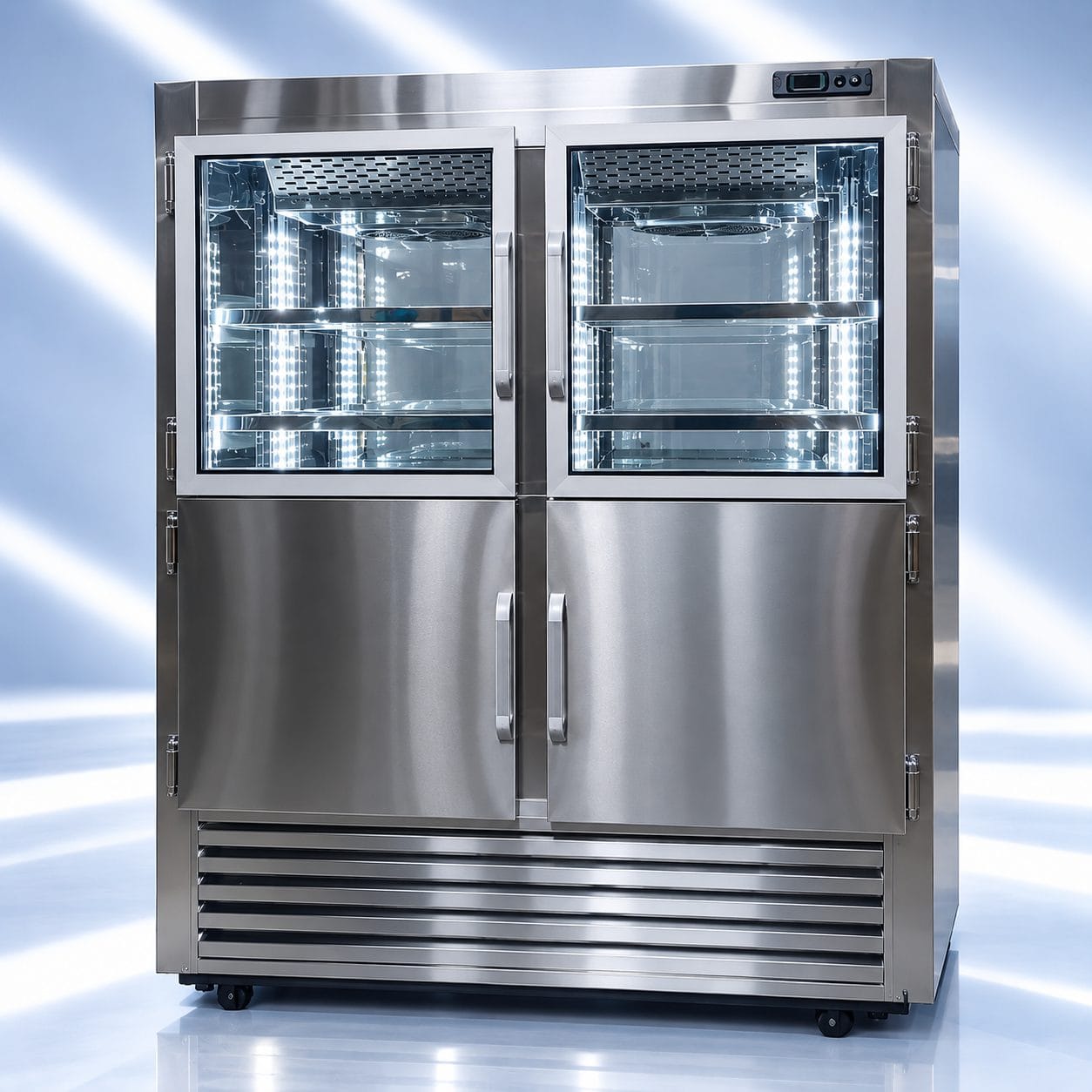 Vitrina refrigerada vertical Polo Norte en acero inoxidable, vista posterior con puertas superiores de vidrio y puertas inferiores sólidas.