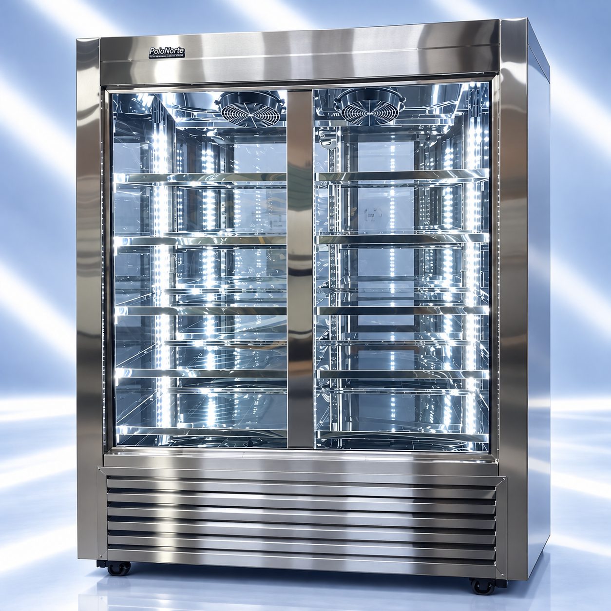 Refrigerador vertical exhibidor de acero inoxidable Polo Norte con entrepaños e iluminación interior
