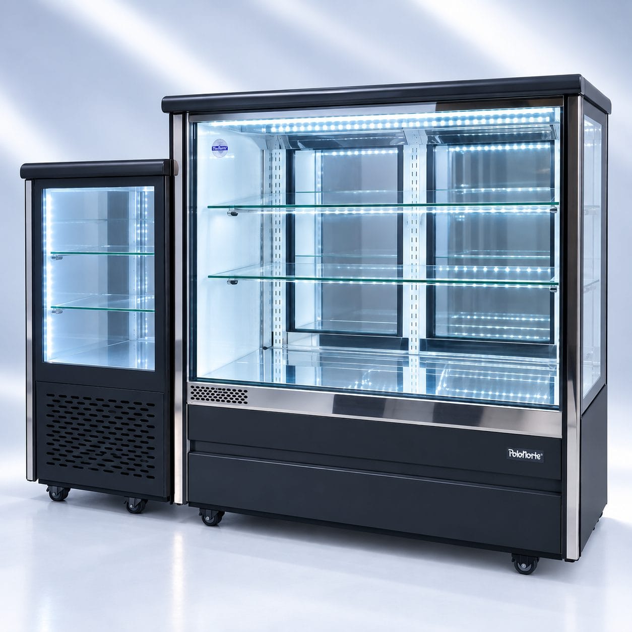 Refrigerador horizontal exhibidor negro Polo Norte con vitrina de vidrio y bodega refrigerada